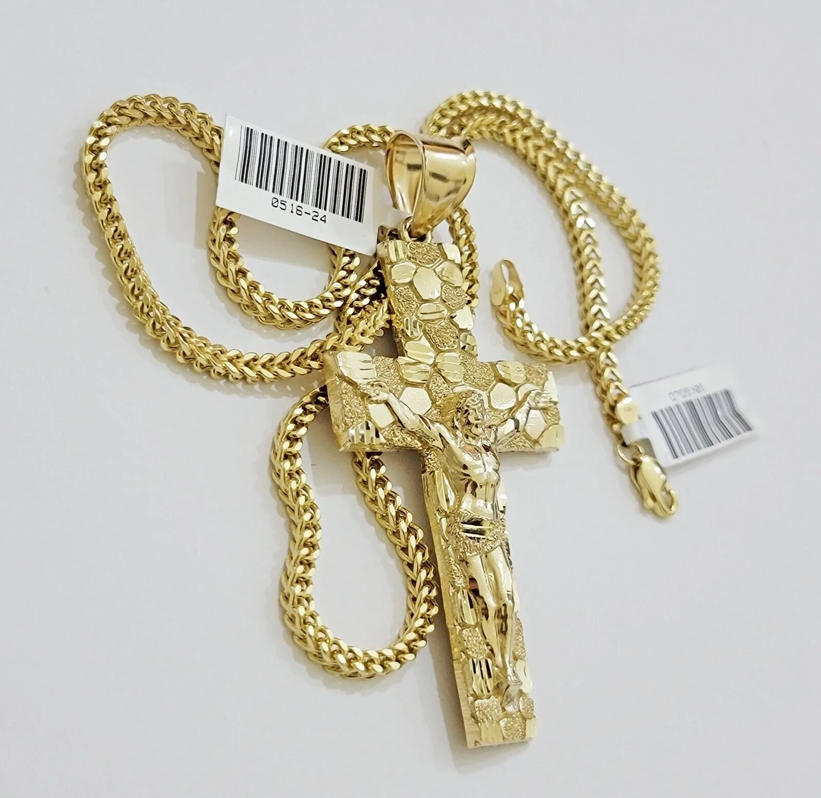 REAL 10k Gold Franco Necklace Nugget Cross Pendant SET 20" Inch 3mm Chain - Image 7