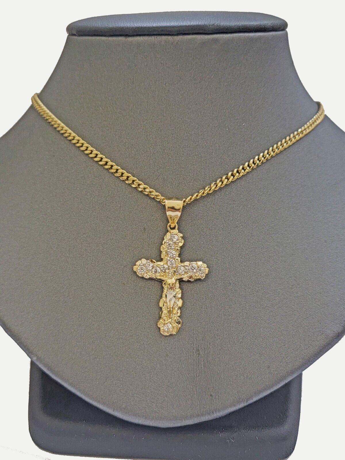 Real 10k Gold Jesus Cross Charm Chain Set Miami Cuban Link Necklace 2.5mm 18-26" - Image 4