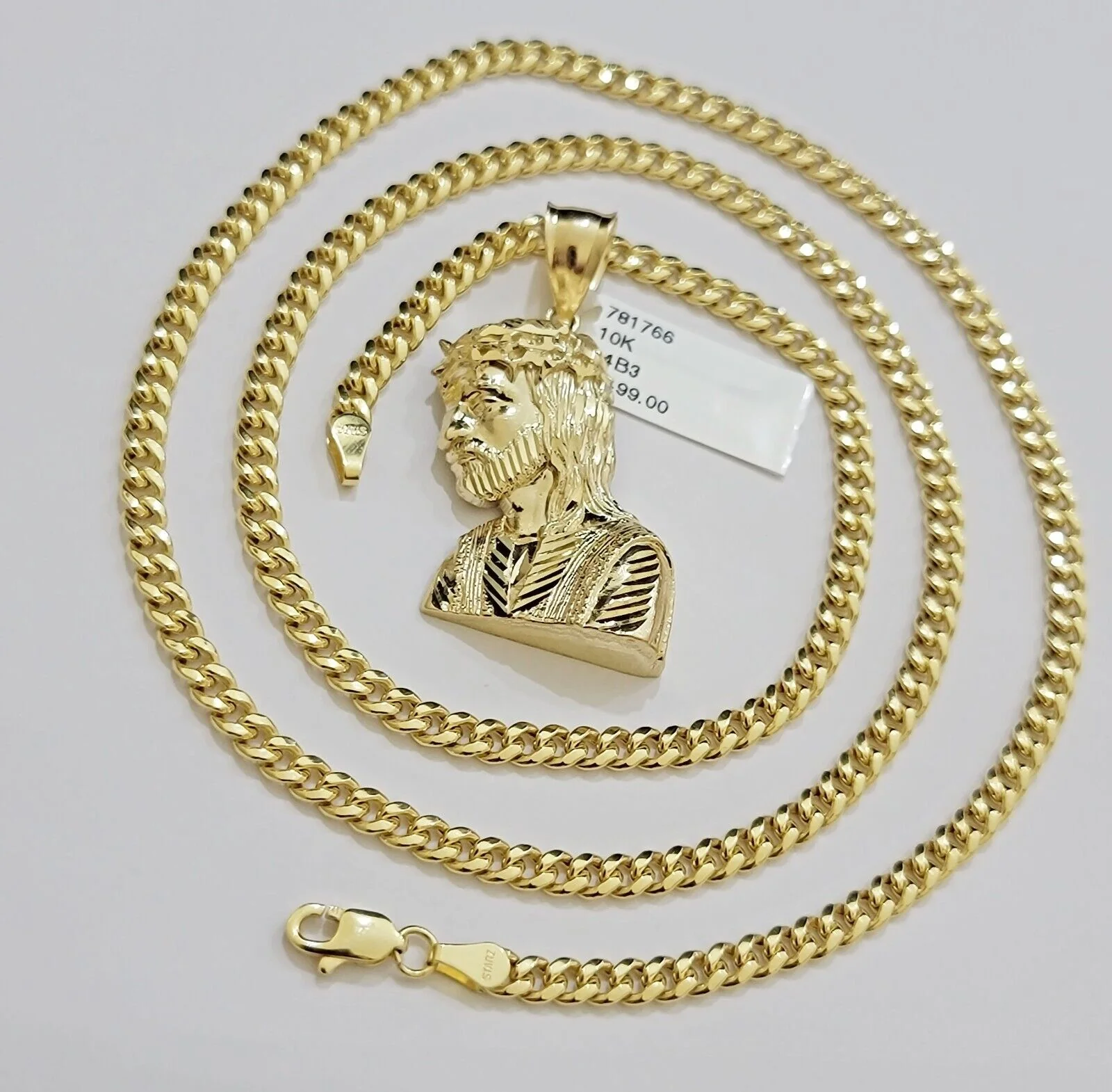 Real 10k Gold Jesus Head Charm Pendant Cuban Link Chain 4mm 24 Inch Necklace SET - Image 2