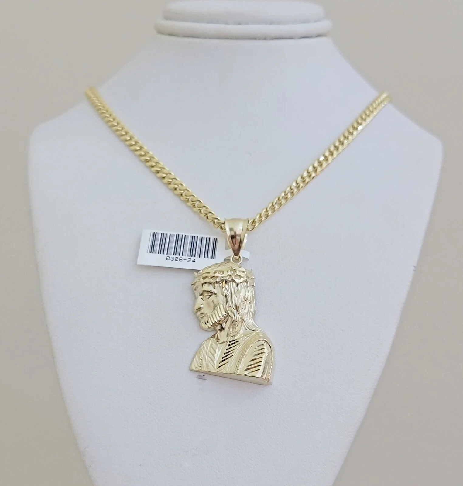 Real 10k Gold Jesus Head Charm Pendant Cuban Link Chain 4mm 24 Inch Necklace SET - Image 3