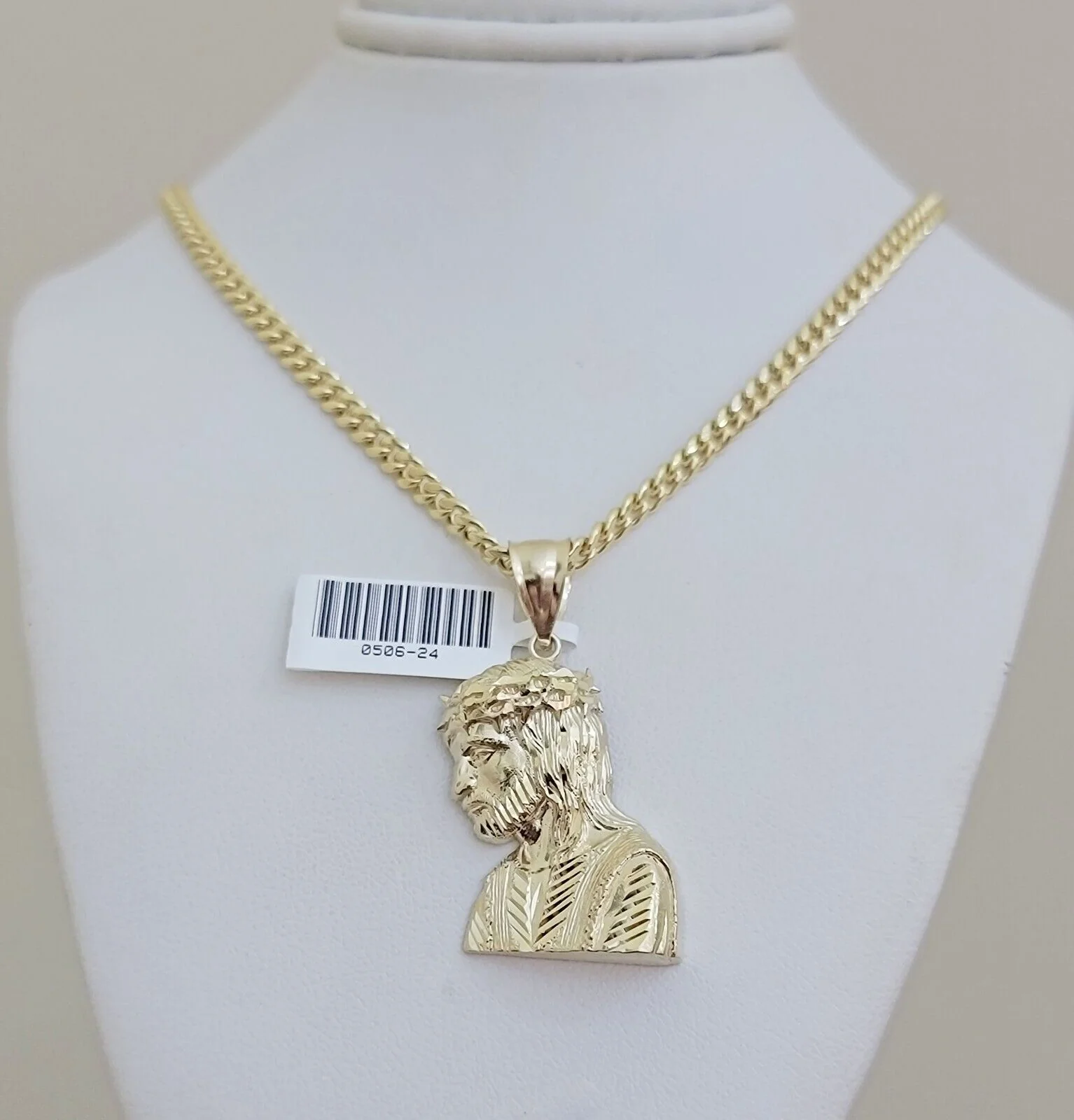 Real 10k Gold Jesus Head Charm Pendant Cuban Link Chain 4mm 24 Inch Necklace SET - Image 6