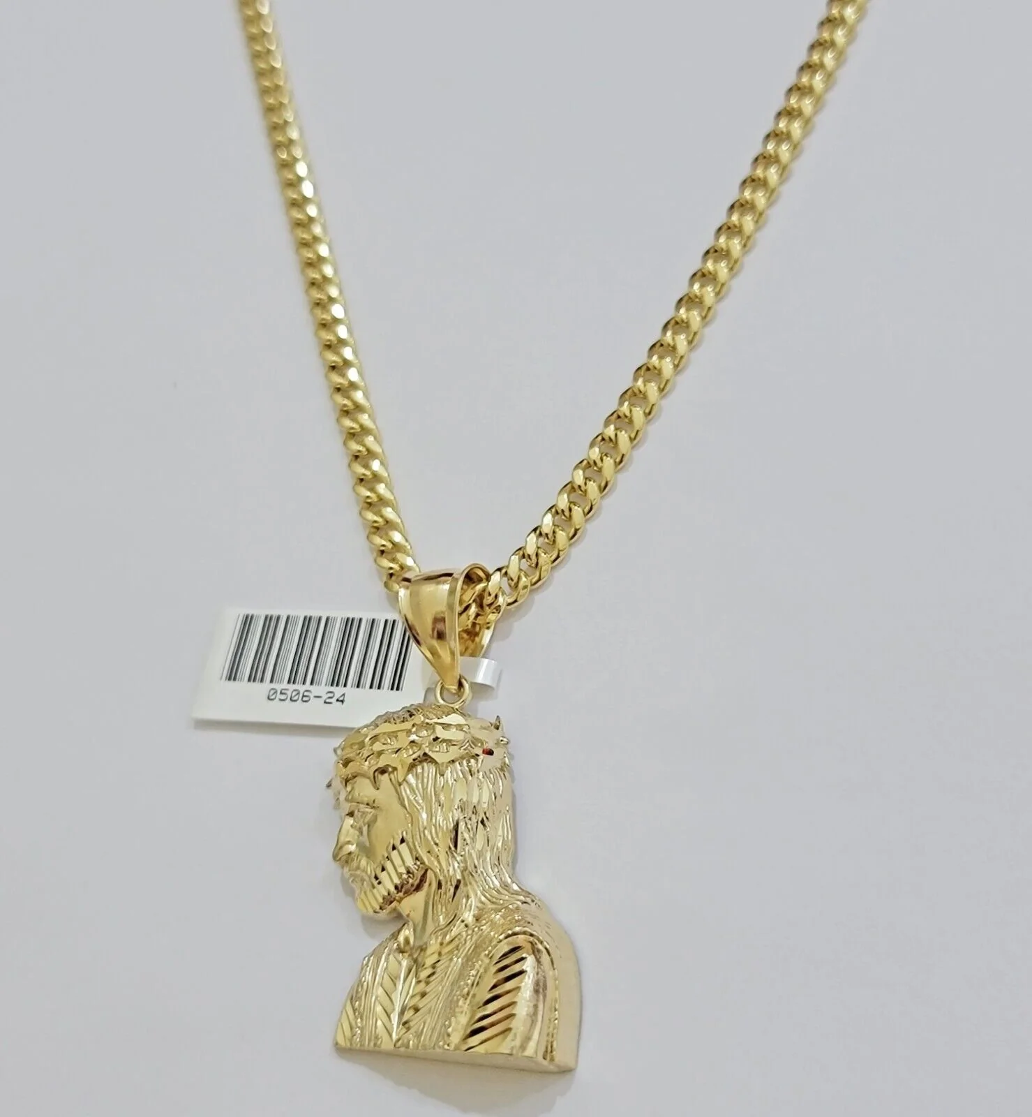 Real 10k Gold Jesus Heard Charm Pendant &Miami Cuban Link Chain 4mm Necklace SET - Image 4