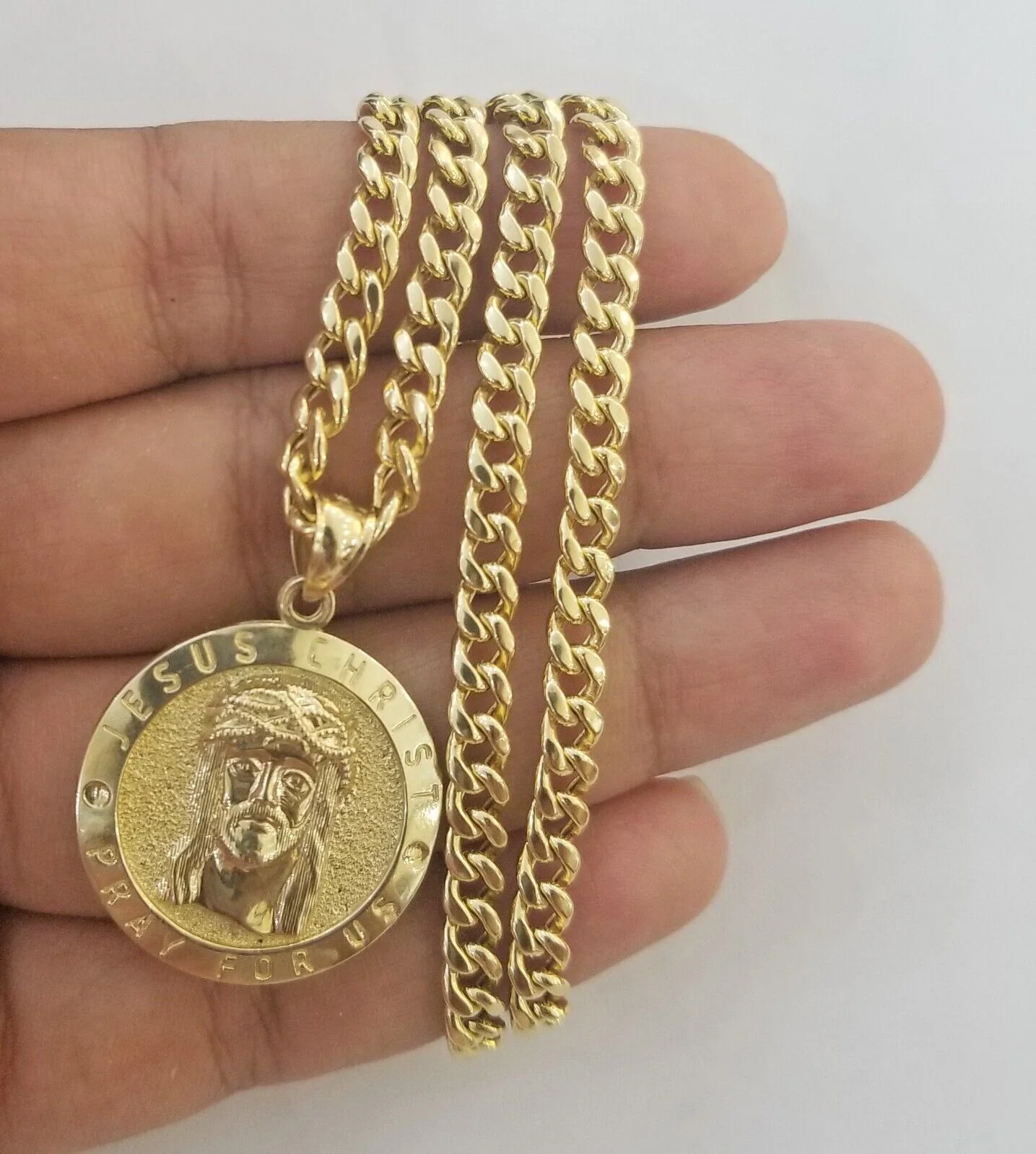 Real 10k Gold Jesus Pendant Miami Cuban link Chain 4mm 26" Set - Image 2