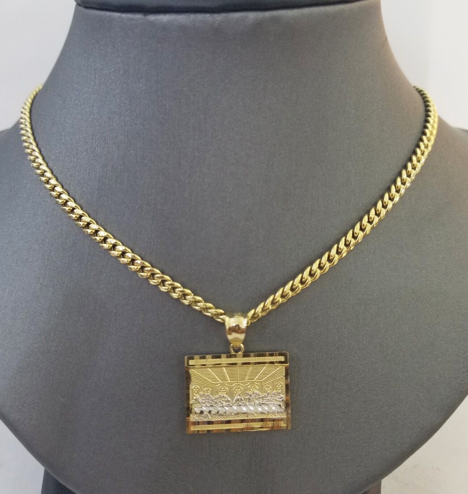 Real 10k Gold Last Supper Charm Chain Miami Cuban Link Necklace 4mm 24 Inch SET - Image 2