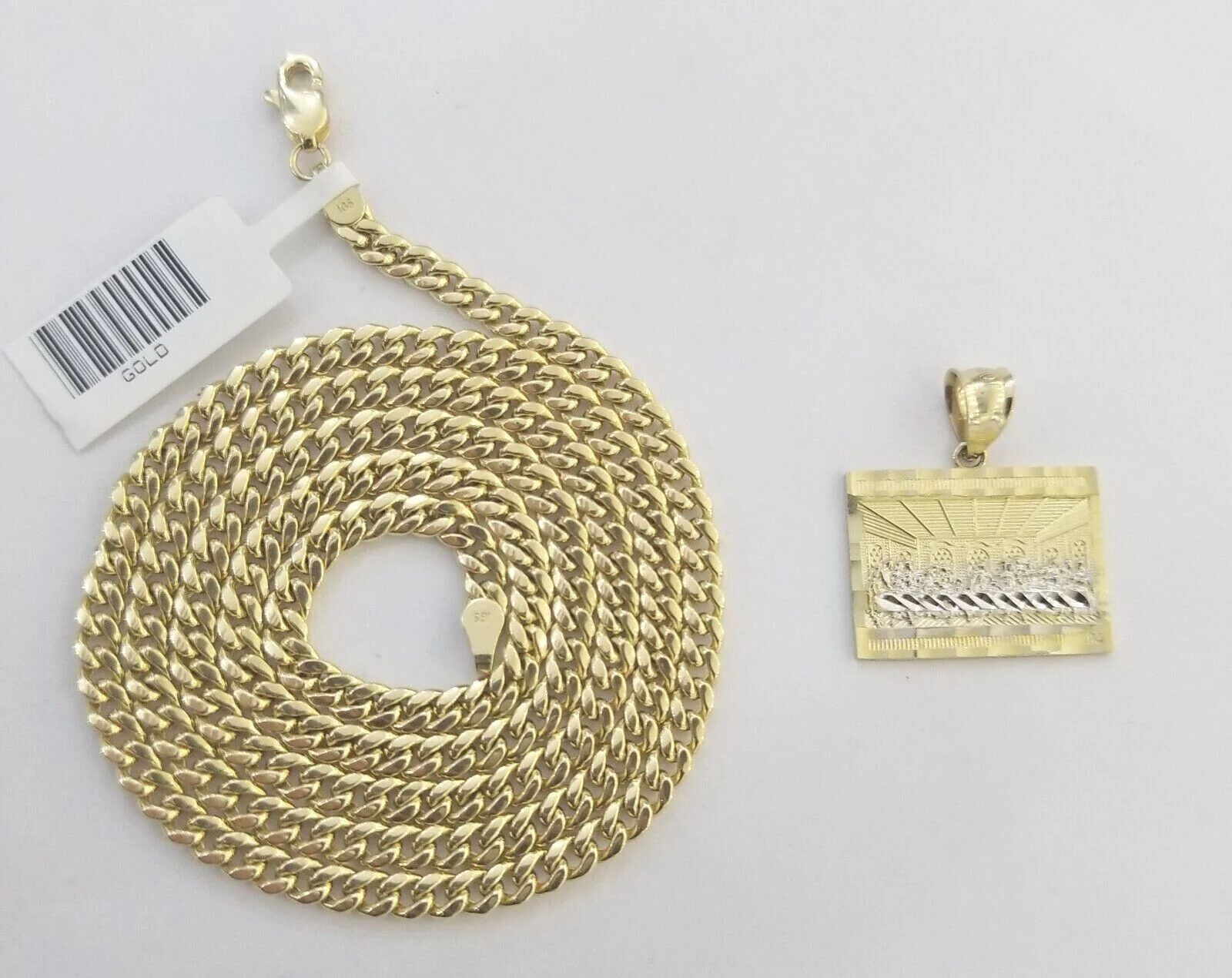 Real 10k Gold Last Supper Charm Chain Miami Cuban Link Necklace 4mm 24 Inch SET - Image 4