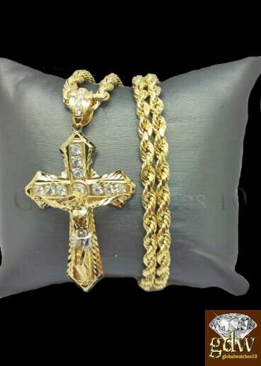 Real 10k Gold Men's Jesus Crucifix Cross Pendent Charm with 28 Inch Rope Chain. - Image 3