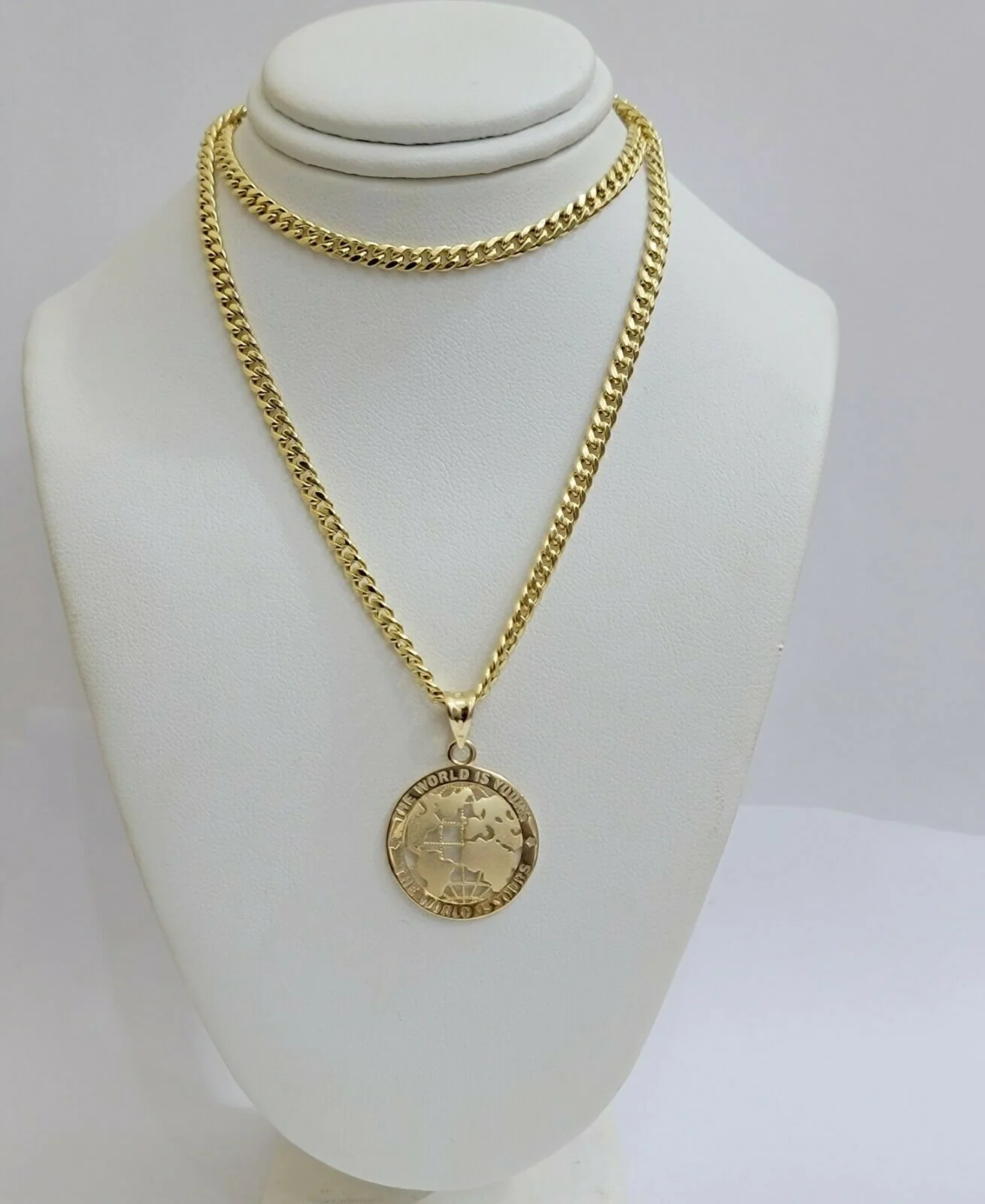 Real 10k Gold Miami Cuban 24" Chain Pendant Set 3.5mm Necklace World Map Charm - Image 2