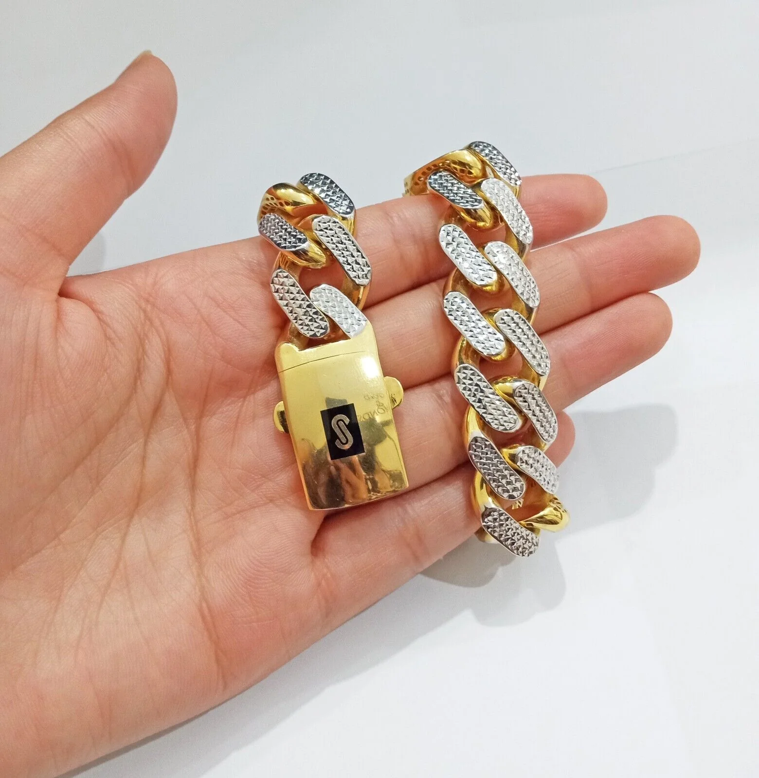 Real 10k Gold Monaco Bracelet 17mm Royal Cuban link 8" Two-tone Diamond Cut 10kt - Image 5