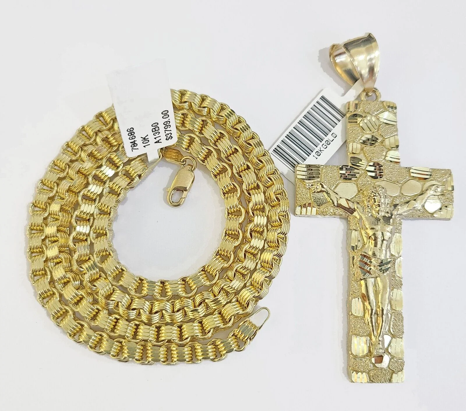 Real 10k Gold Nugget Cross Byzantine Chain Necklace 4mm 26" Chain Charm SET 10kt - Image 2
