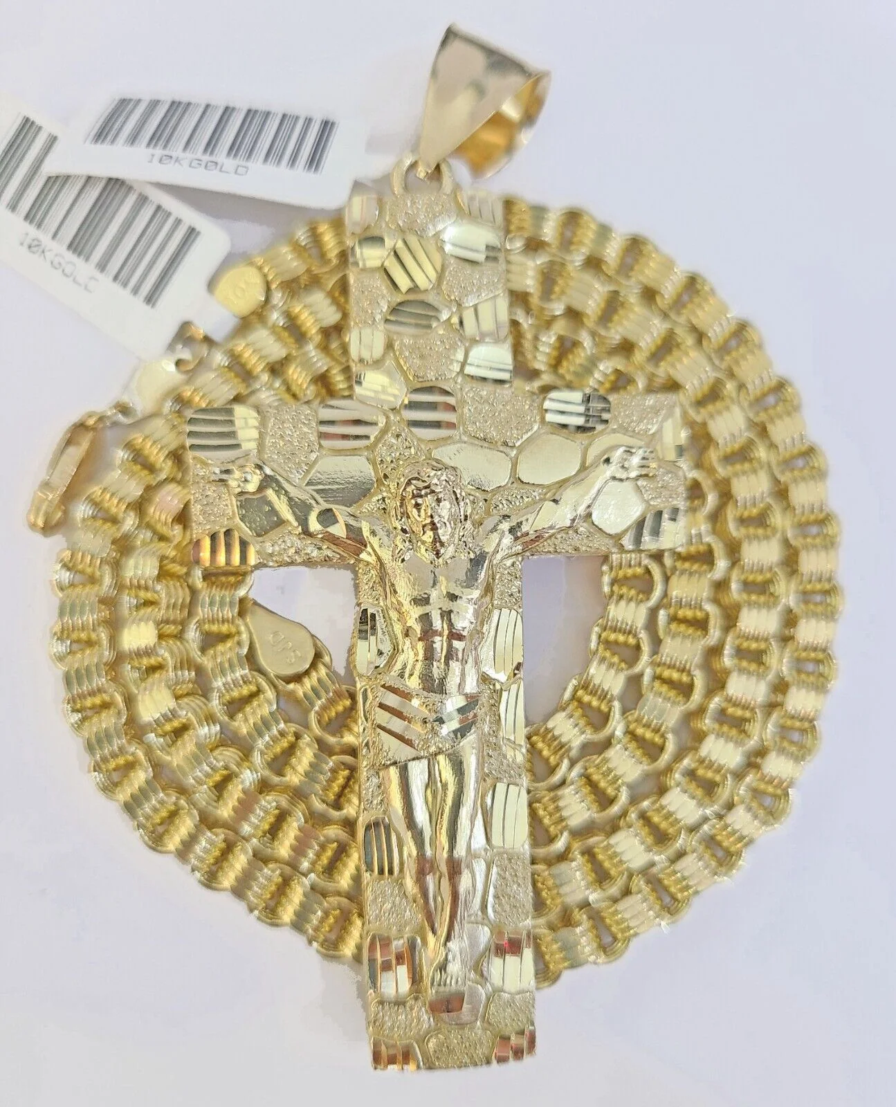 Real 10k Gold Nugget Cross Byzantine Necklace 4mm 20" Chain Charm SET 10kt For Men's - Image 4