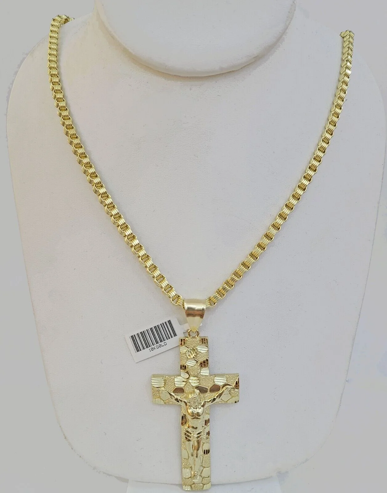 Real 10k Gold Nugget Cross Byzantine Necklace 4mm 20" Chain Charm SET 10kt For Men's - Image 5