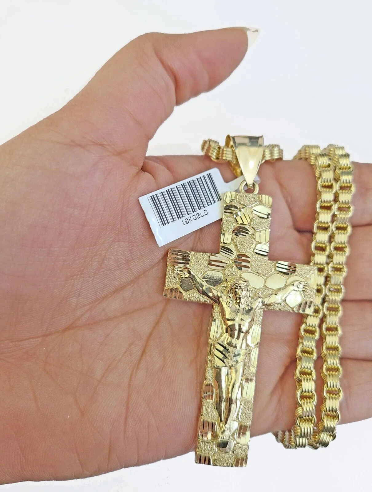 Real 10k Gold Nugget Cross Byzantine Necklace 4mm 20" Chain Charm SET 10kt For Men's - Image 6
