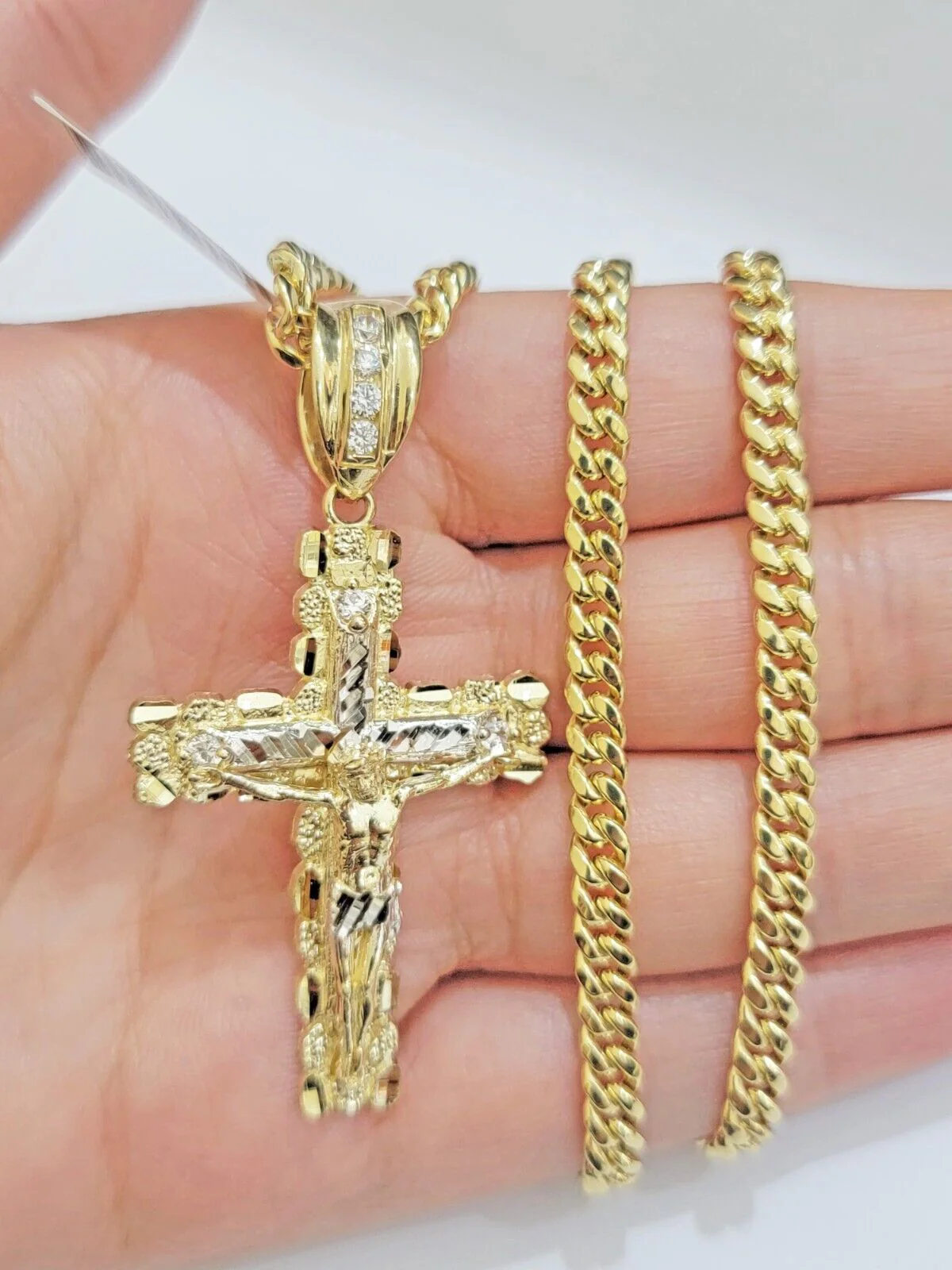 Real 10k Gold Nugget Cross Charm pendant Cuban Link Chain Necklace 5mm 24" Set - Image 2