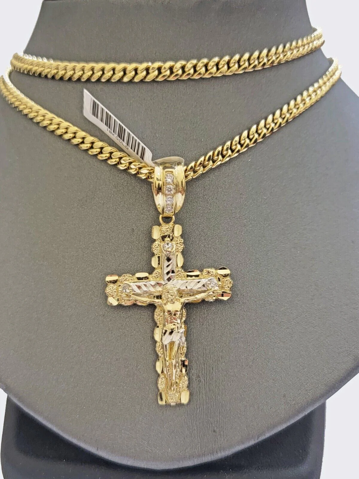 Real 10k Gold Nugget Cross pendant Cuban Link Chain Necklace 5mm 18" Choker Set - Image 2