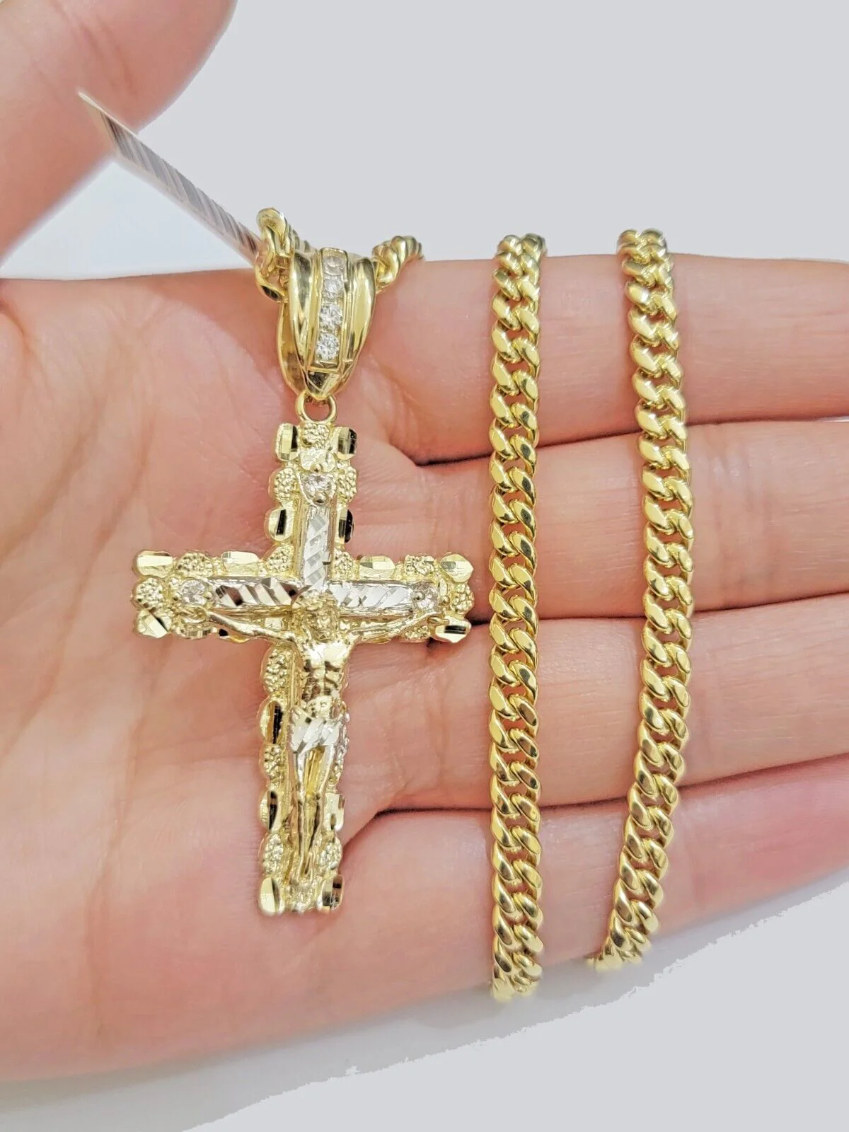 Real 10k Gold Nugget Cross pendant Cuban Link Chain Necklace 5mm 18" Choker Set - Image 5