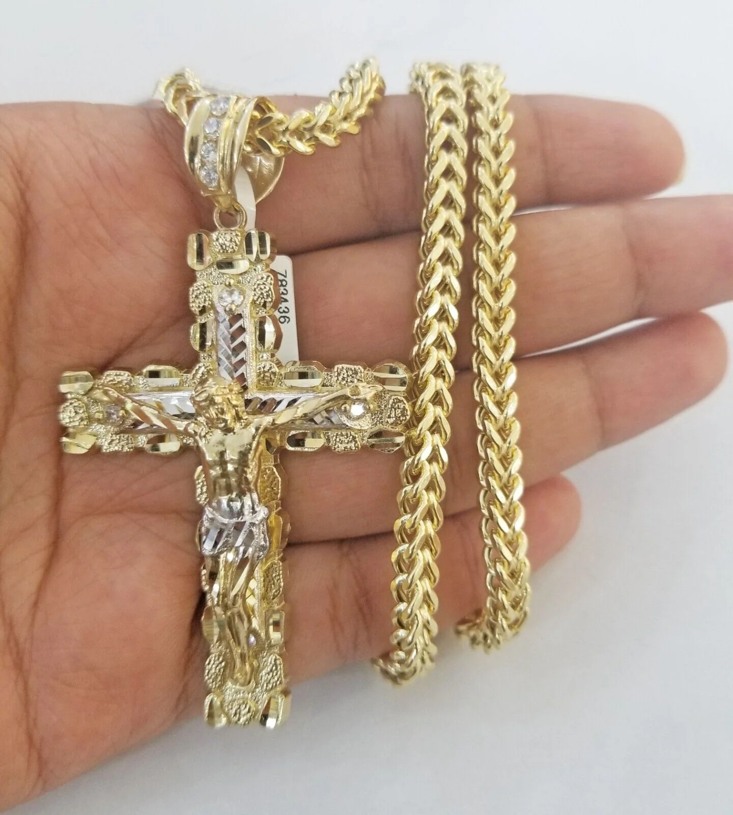 Real 10k Gold Nugget Cross Pendant Franco Necklace 4mm 24" Chain Charm SET 10kt