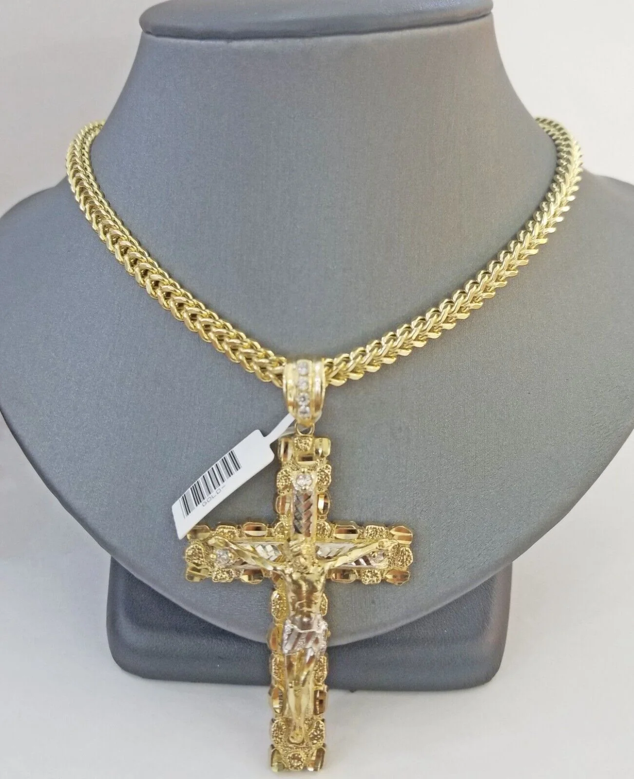 Real 10k Gold Nugget Cross Pendant Franco Necklace 4mm 24" Chain Charm SET 10kt - Image 2