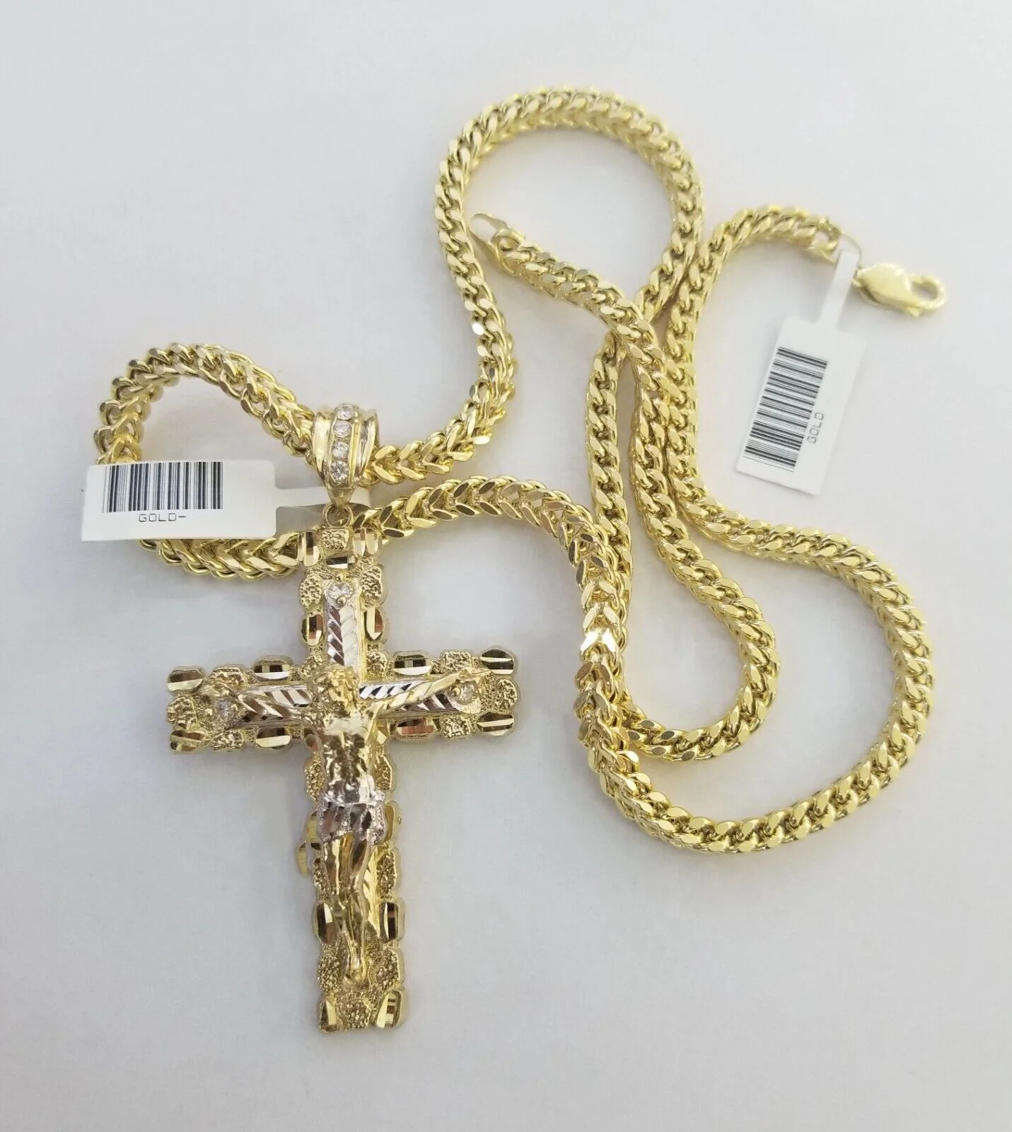 Real 10k Gold Nugget Cross Pendant Franco Necklace 4mm 24" Chain Charm SET 10kt - Image 3