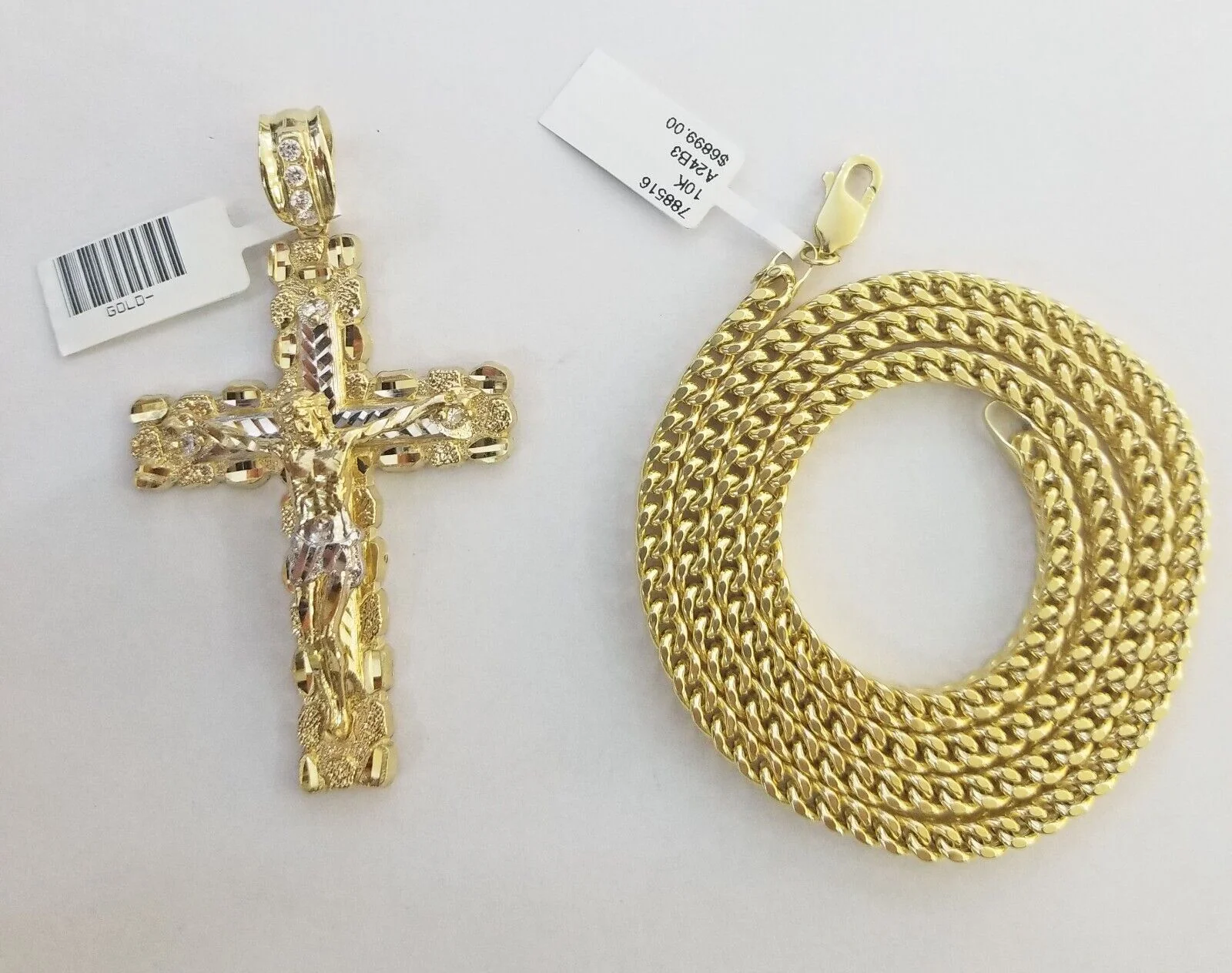 Real 10k Gold Nugget Cross Pendant Franco Necklace 4mm 24" Chain Charm SET 10kt - Image 4