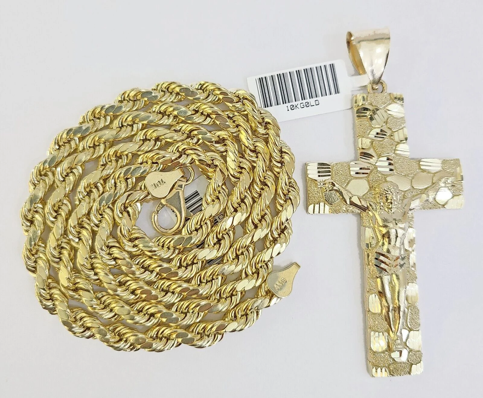 Real 10k Gold Nugget Cross Rope Necklace 6mm 24" Chain Charm SET 10kt - Image 2