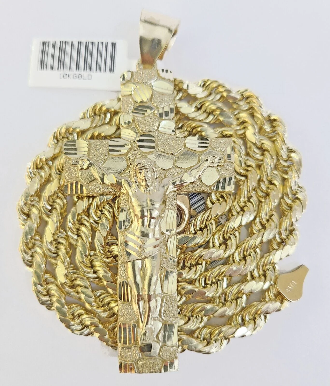 Real 10k Gold Nugget Cross Rope Necklace 6mm 24" Chain Charm SET 10kt - Image 5