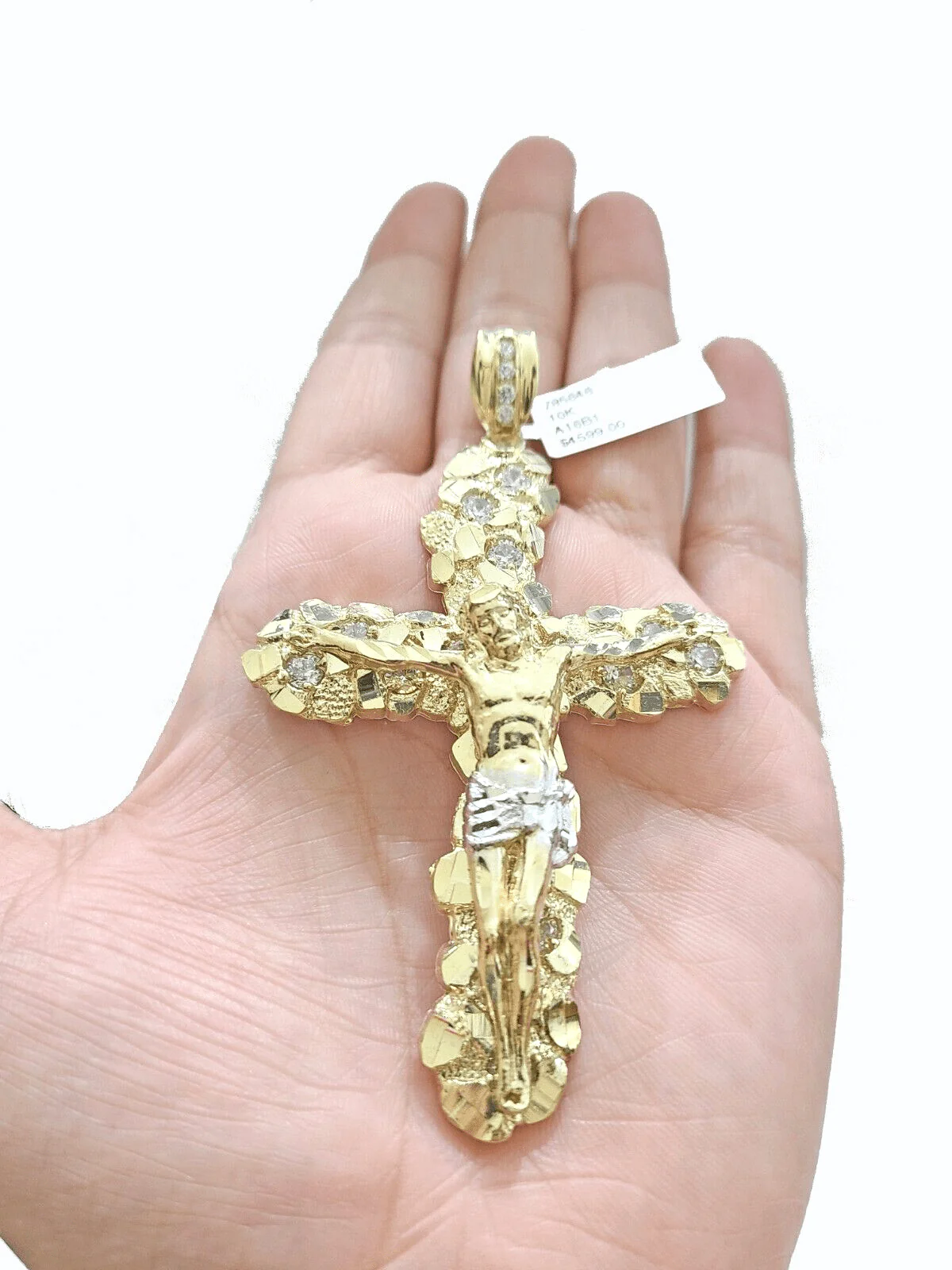 Real 10k Gold Nugget Jesus Cross Charm Pendant 3.5'' Inch 10KT Yellow Gold