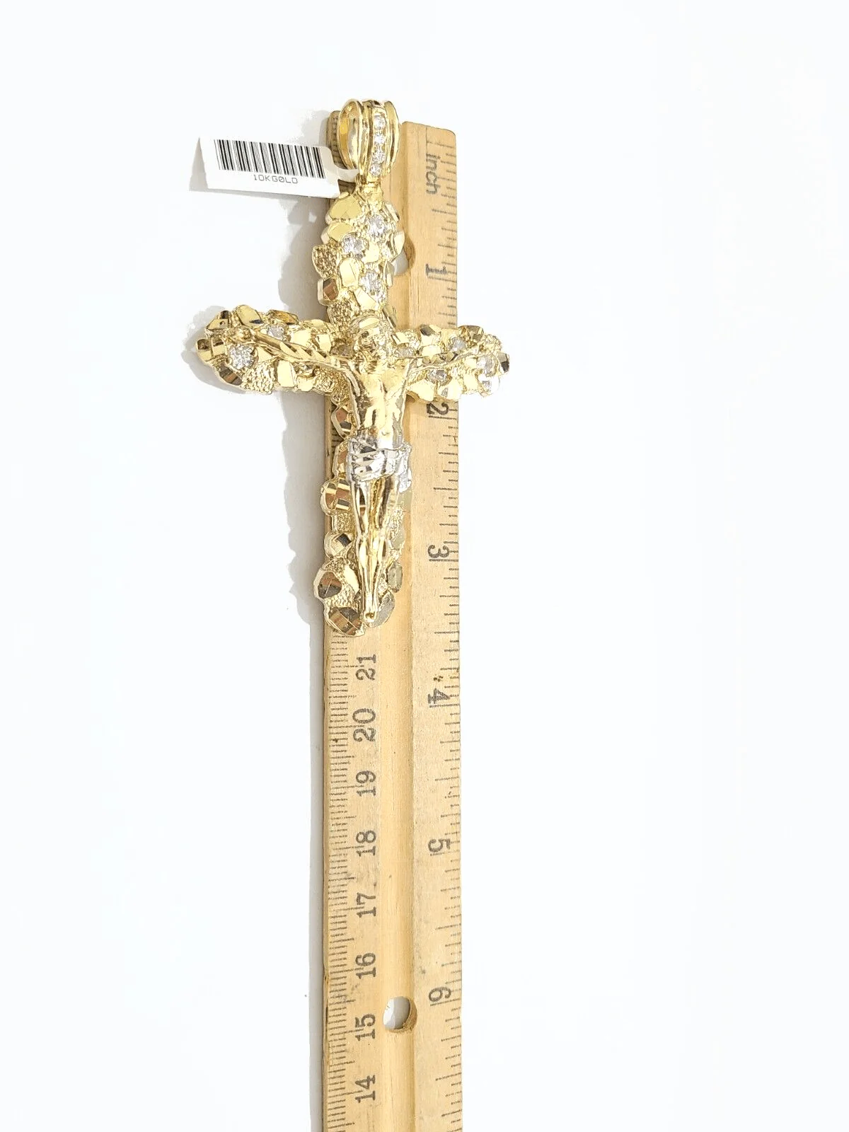 Real 10k Gold Nugget Jesus Cross Charm Pendant 3.5'' Inch 10KT Yellow Gold - Image 3