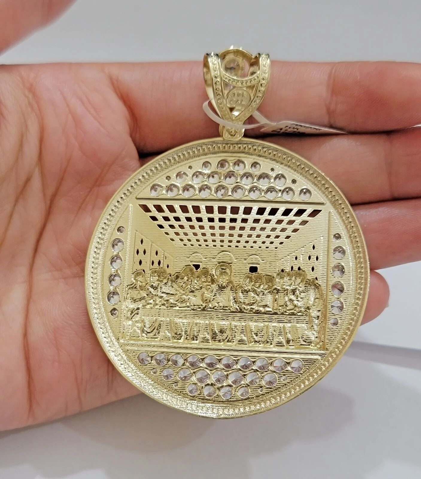 Real 10k Gold Pendant Charm Last Supper Jesus 10kt Yellow Gold With Stones , New - Image 4