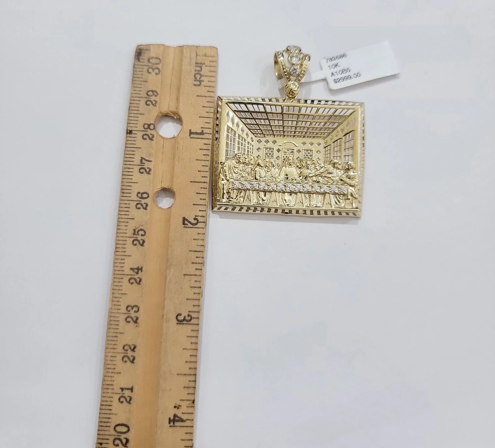 Real 10k Gold Pendant Charm Last Supper Square Jesus 10kt Yellow Gold With Stone