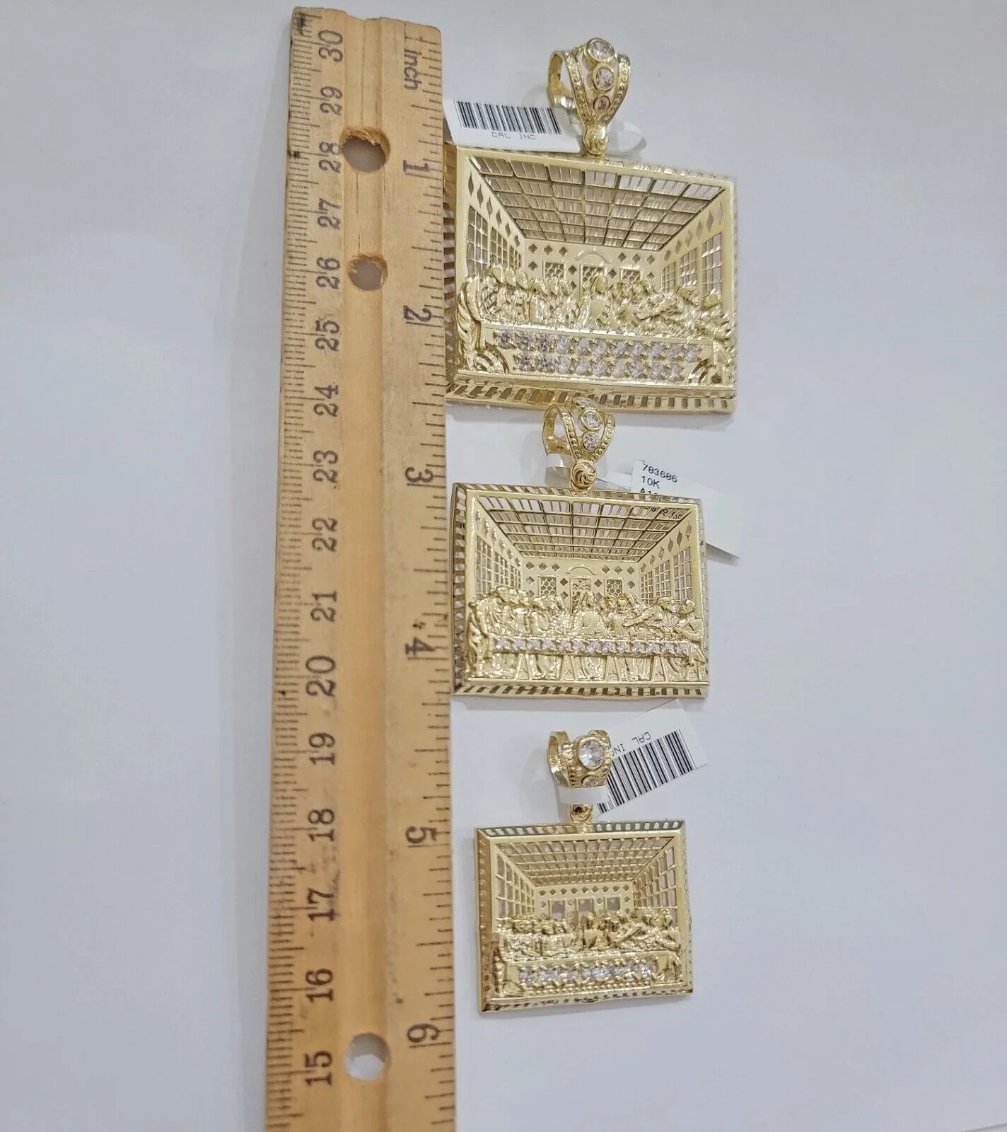 Real 10k Gold Pendant Charm Last Supper Square Jesus 10kt Yellow Gold With Stone - Image 10