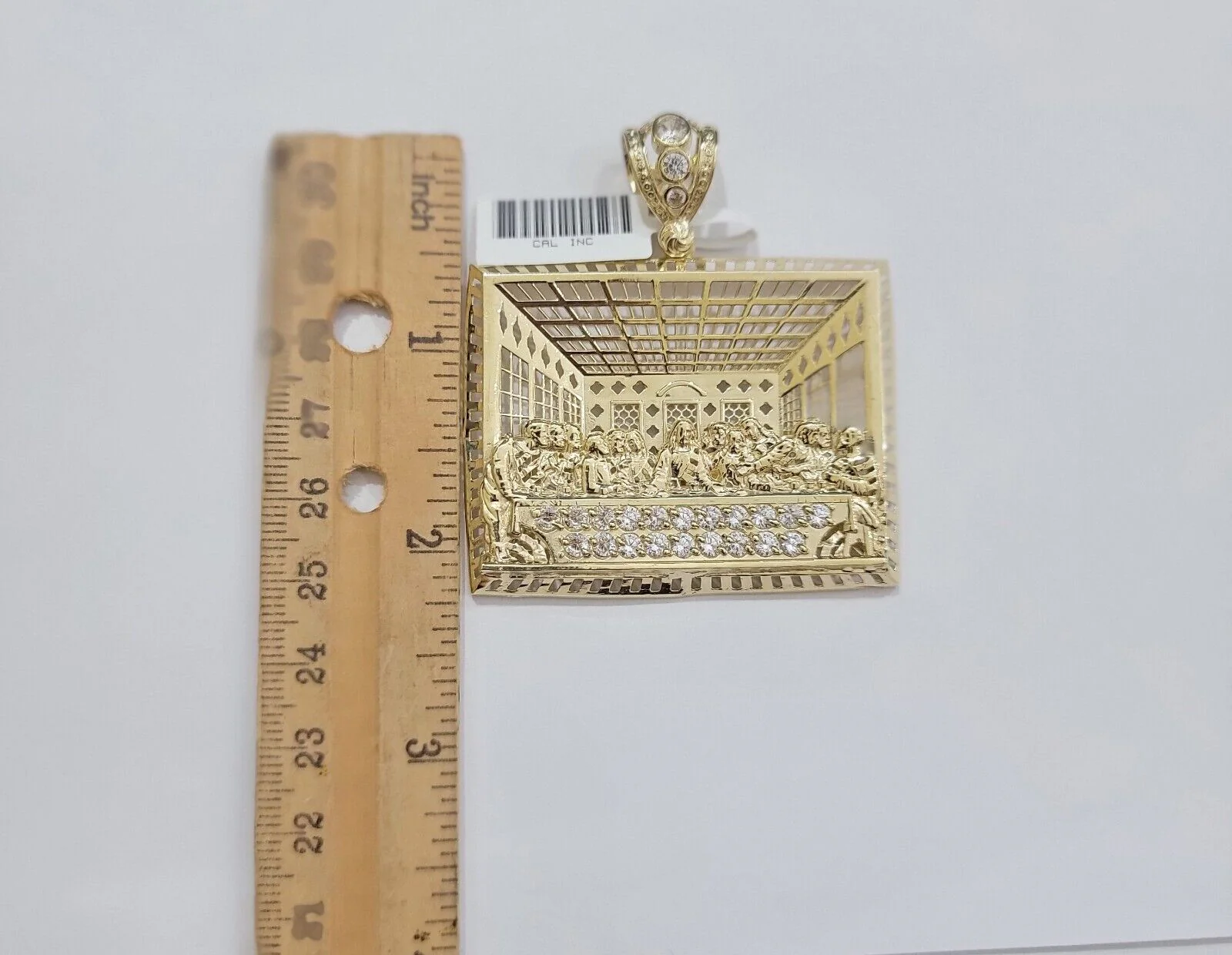 Real 10k Gold Pendant Charm Last Supper Square Jesus 10kt Yellow Gold With Stone - Image 2
