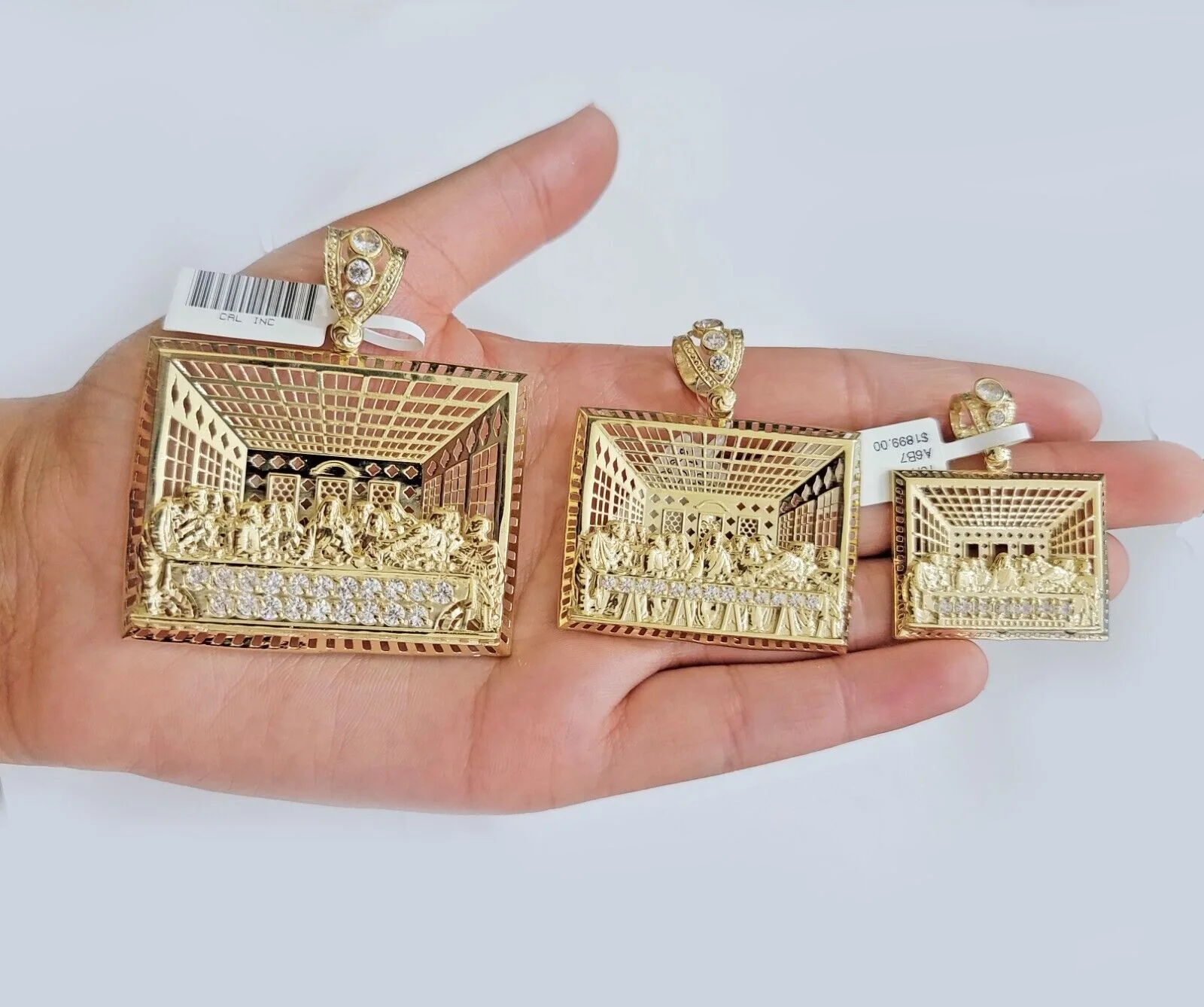 Real 10k Gold Pendant Charm Last Supper Square Jesus 10kt Yellow Gold With Stone - Image 5