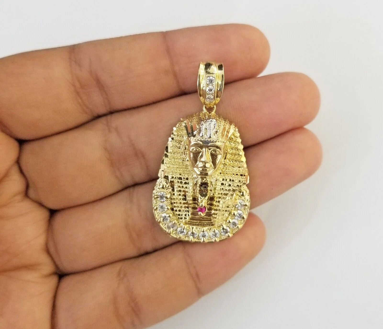 Real 10k Gold Pharaoh Head Charm Pendant 1.6" 10kt Yellow Gold for Mens Chain