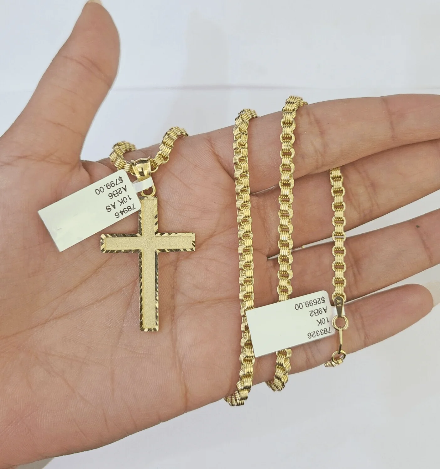 Real 10k Gold Plain Cross Byzantine Chain Necklace 3mm 20" SET 10kt Genuine - Image 4