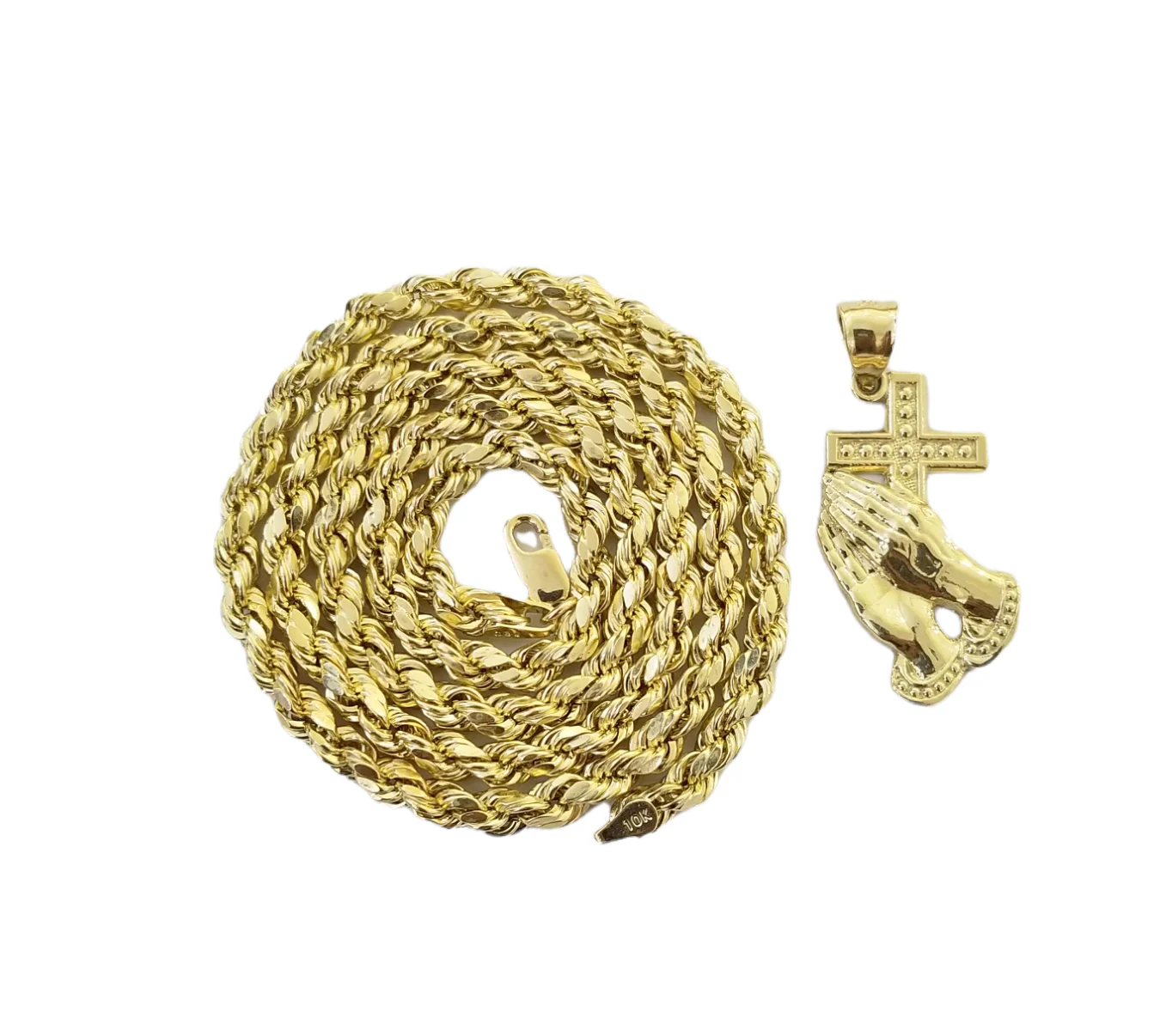 Real 10K Gold Praying Hand 20" Rope Chain Cross Pendant Charm 4mm - Image 2