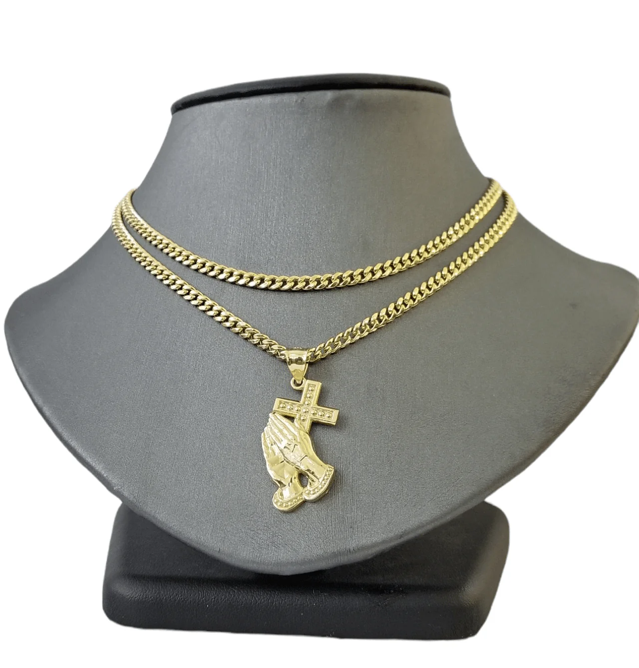 Real 10k Gold Praying Hand Cross Charm Pendent 4mm Cuban Chain 18"- 30" Inch - Image 2