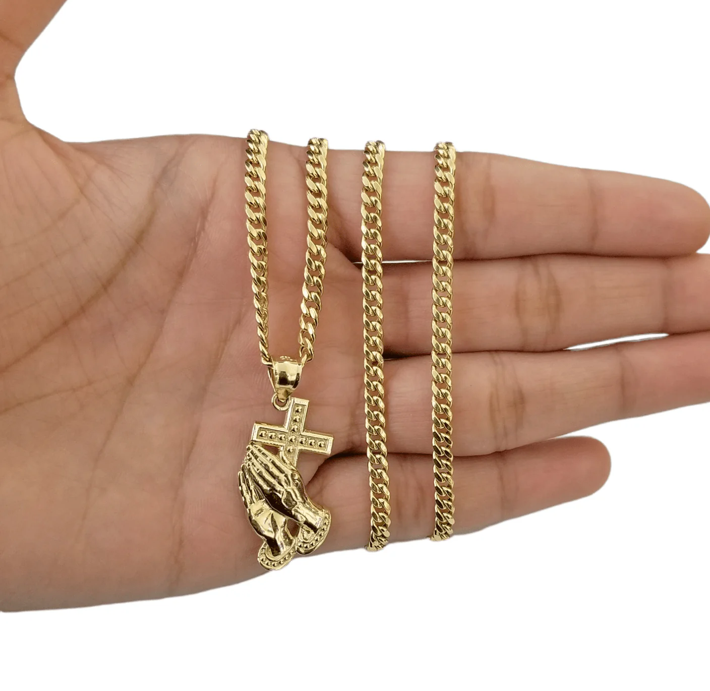 Real 10k Gold Praying Hand Cross Charm Pendent 4mm Cuban Chain 18"- 30" Inch - Image 3