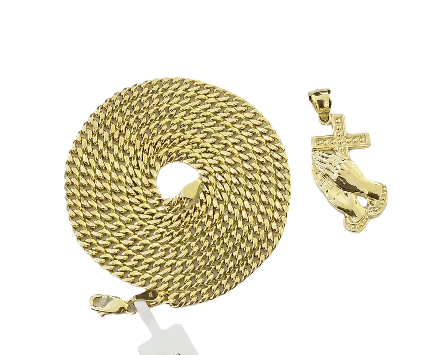Real 10k Gold Praying Hand Cross Charm Pendent 4mm Cuban Chain 18"- 30" Inch - Image 5