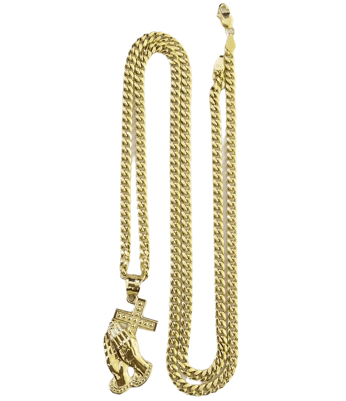 Real 10k Gold Praying Hand Cross Charm Pendent 4mm Cuban Chain 18"- 30" Inch - Image 6