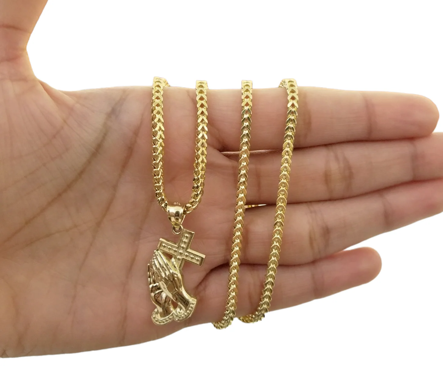 Real 10K Gold Praying Hand Jesus Cross Pendent 4mm Franco Chain 22" Inch Charm - Image 3