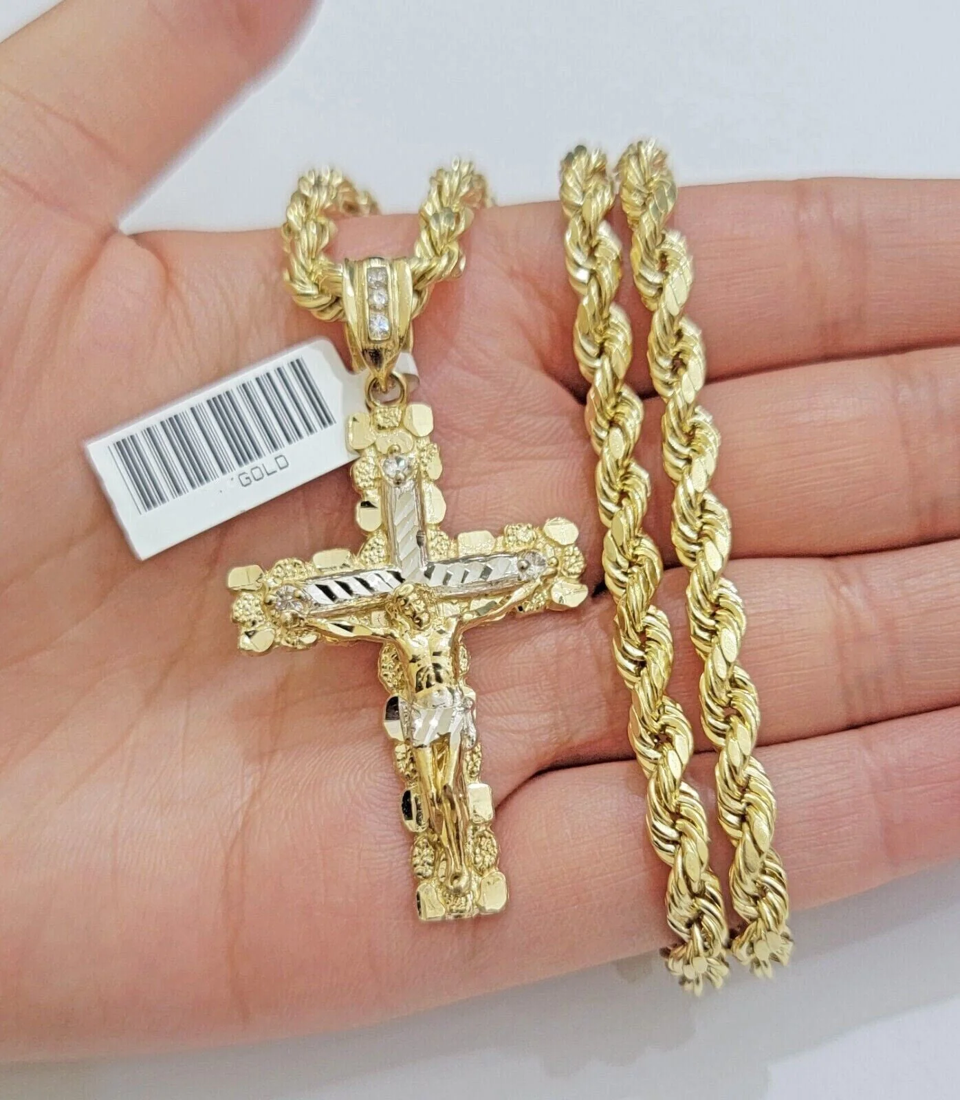 Real 10k Gold Rope Chain 22 inch Jesus Cross Charm Pendant Set 5mm Necklace Mens - Image 2