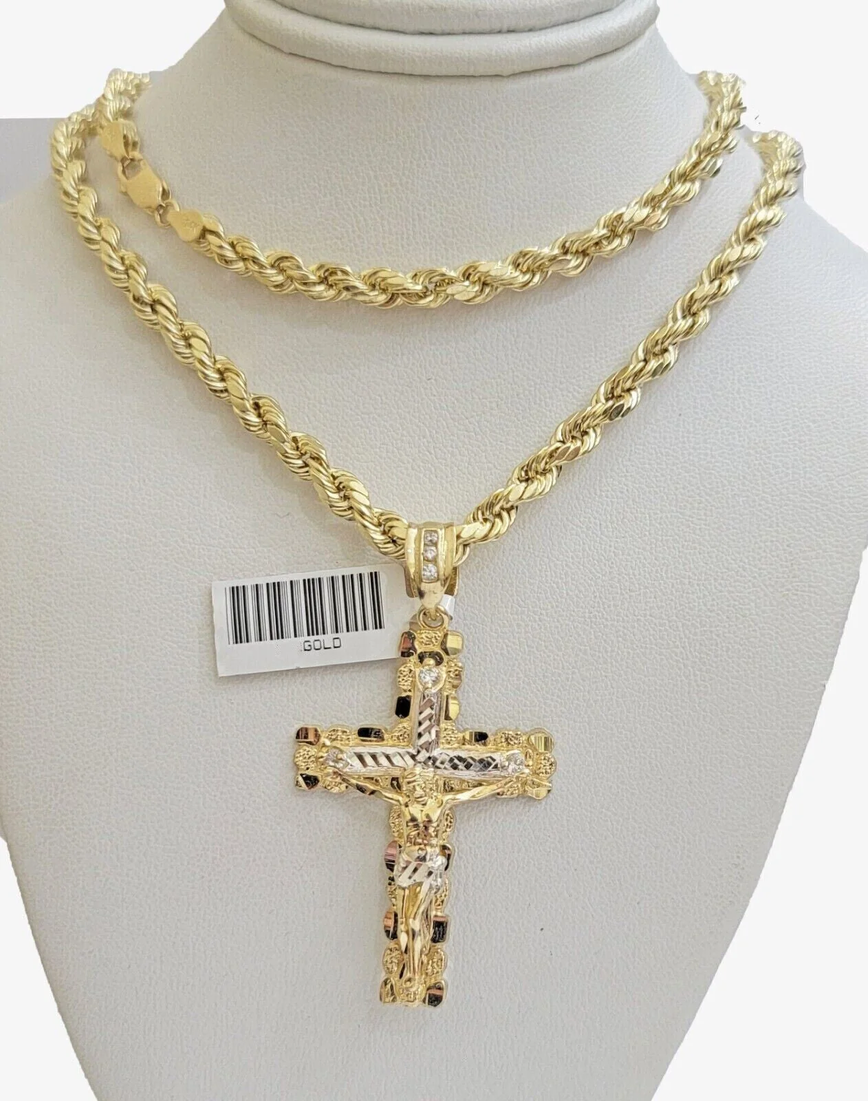 Real 10k Gold Rope Chain 22 inch Jesus Cross Charm Pendant Set 5mm Necklace Mens - Image 3