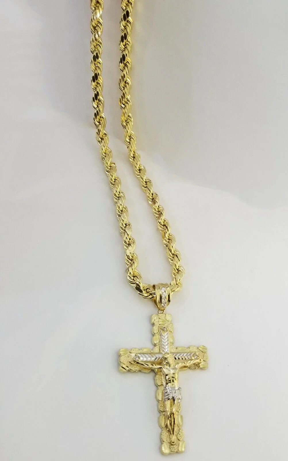 Real 10k Gold Rope Chain 26"Inch 10mm and nugget Cross Pendent  10kt yellow gold - Image 2