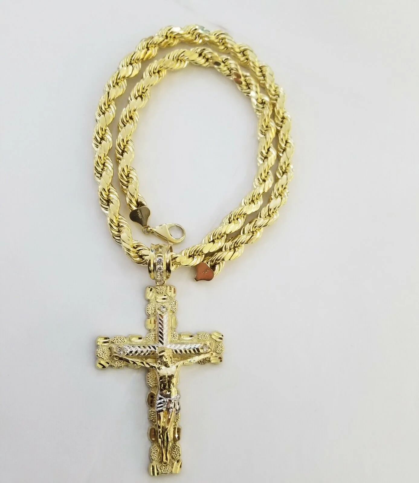 Real 10k Gold Rope Chain 26"Inch 10mm and nugget Cross Pendent  10kt yellow gold - Image 3