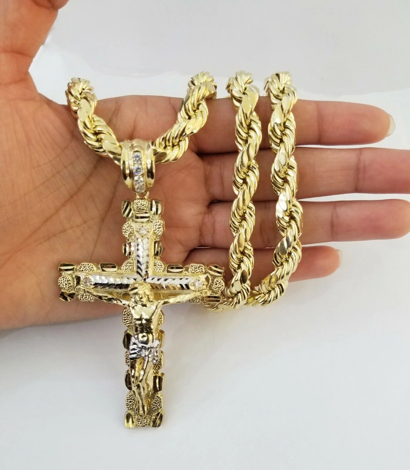 Real 10k Gold Rope Chain 26"Inch 10mm and nugget Cross Pendent  10kt yellow gold - Image 4