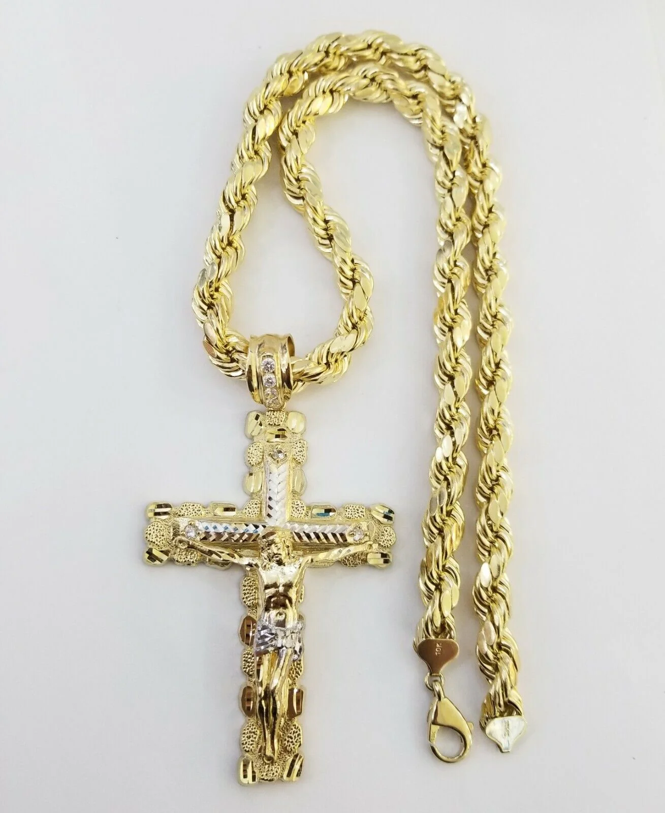 Real 10k Gold Rope Chain 26"Inch 10mm and nugget Cross Pendent  10kt yellow gold - Image 5