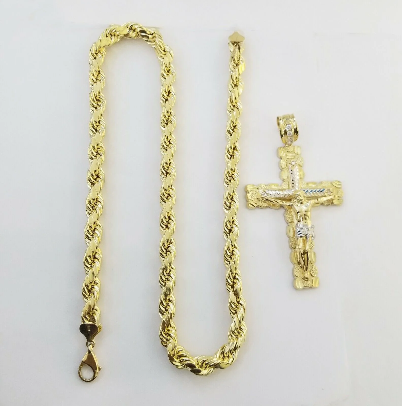 Real 10k Gold Rope Chain 26"Inch 10mm and nugget Cross Pendent  10kt yellow gold - Image 7