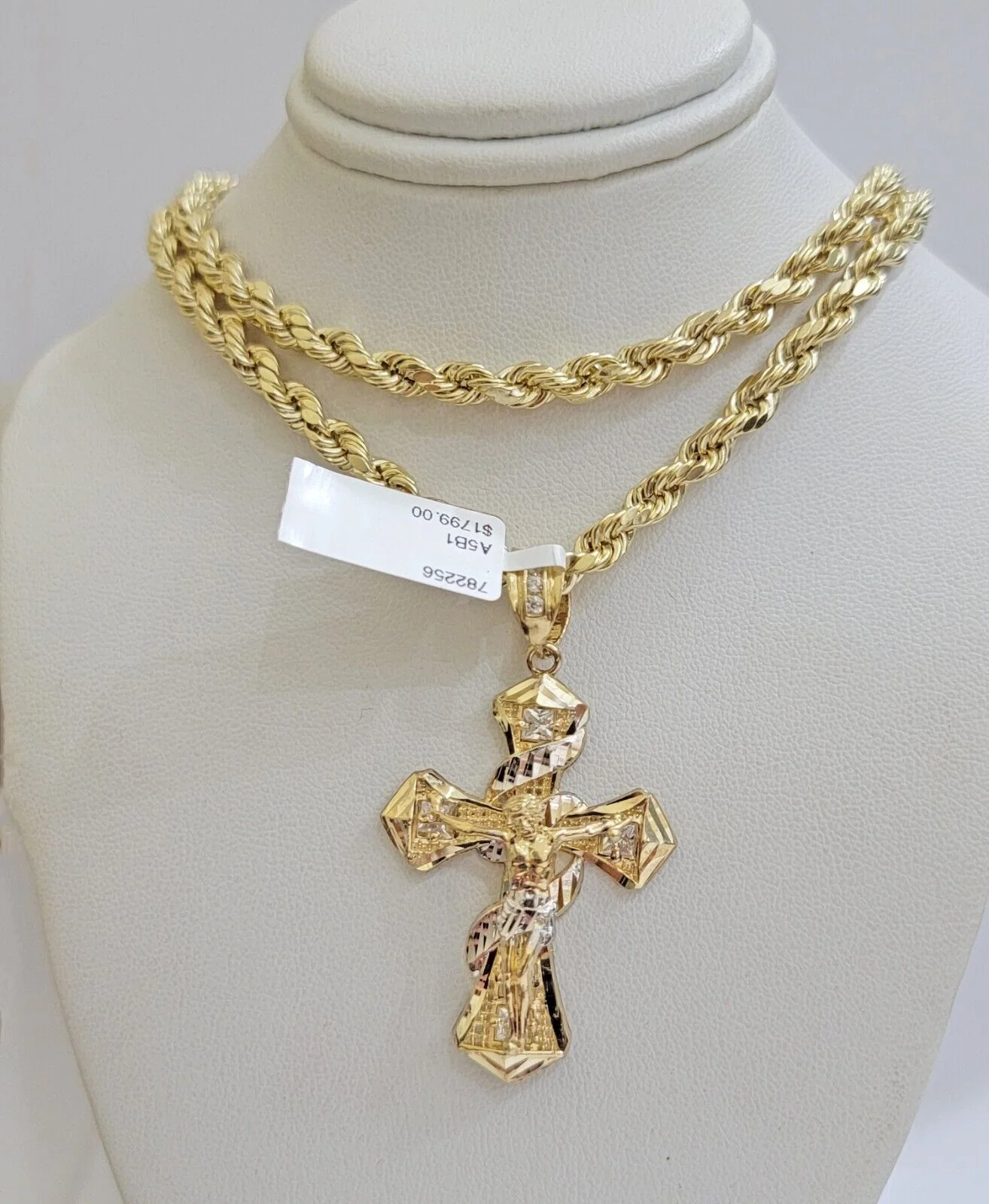 Real 10k Gold Rope Chain 5mm 20 inch Necklace & Jesus Cross Charm Pendant Set - Image 2