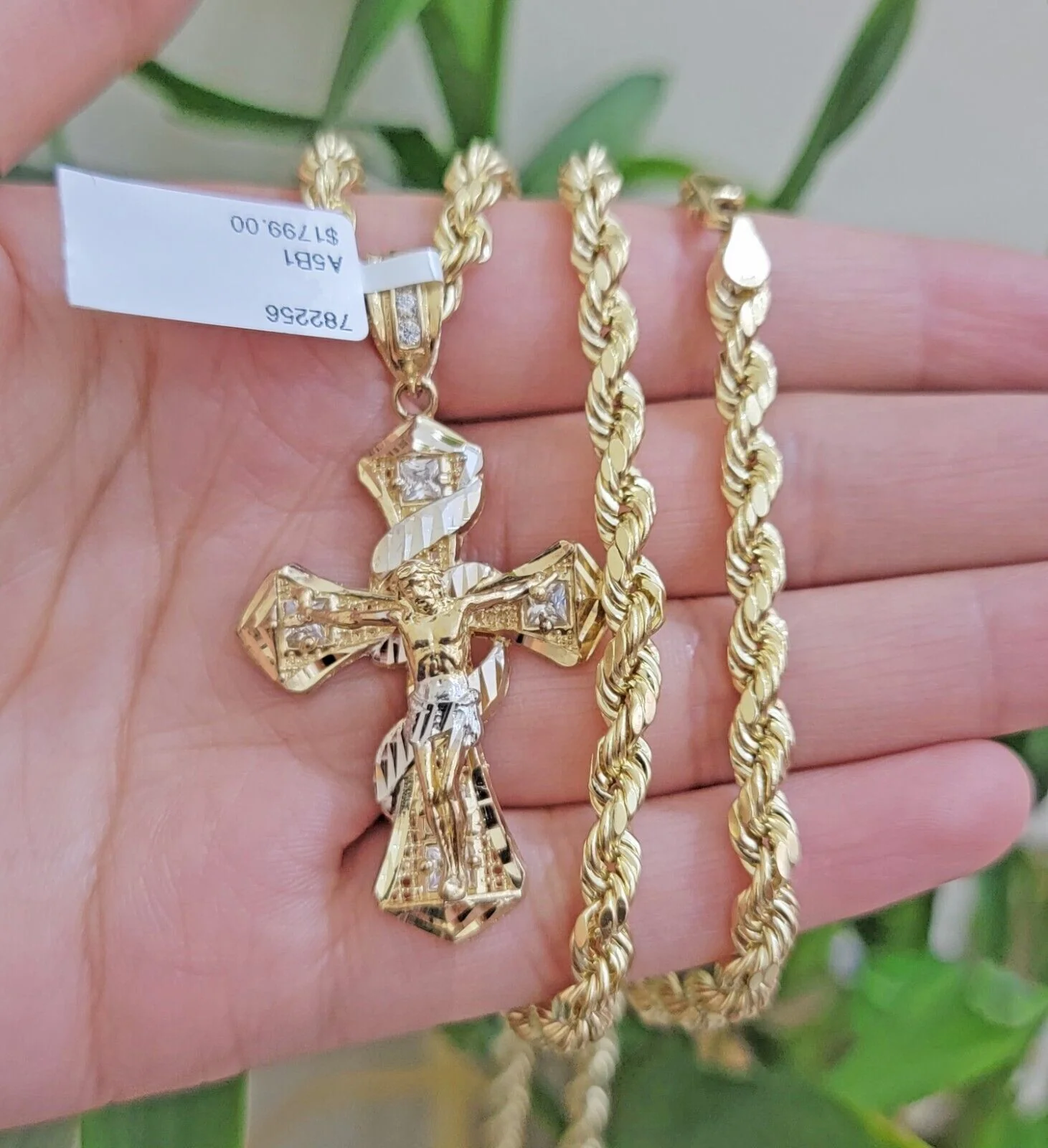 Real 10k Gold Rope Chain 5mm 20 inch Necklace & Jesus Cross Charm Pendant Set - Image 3