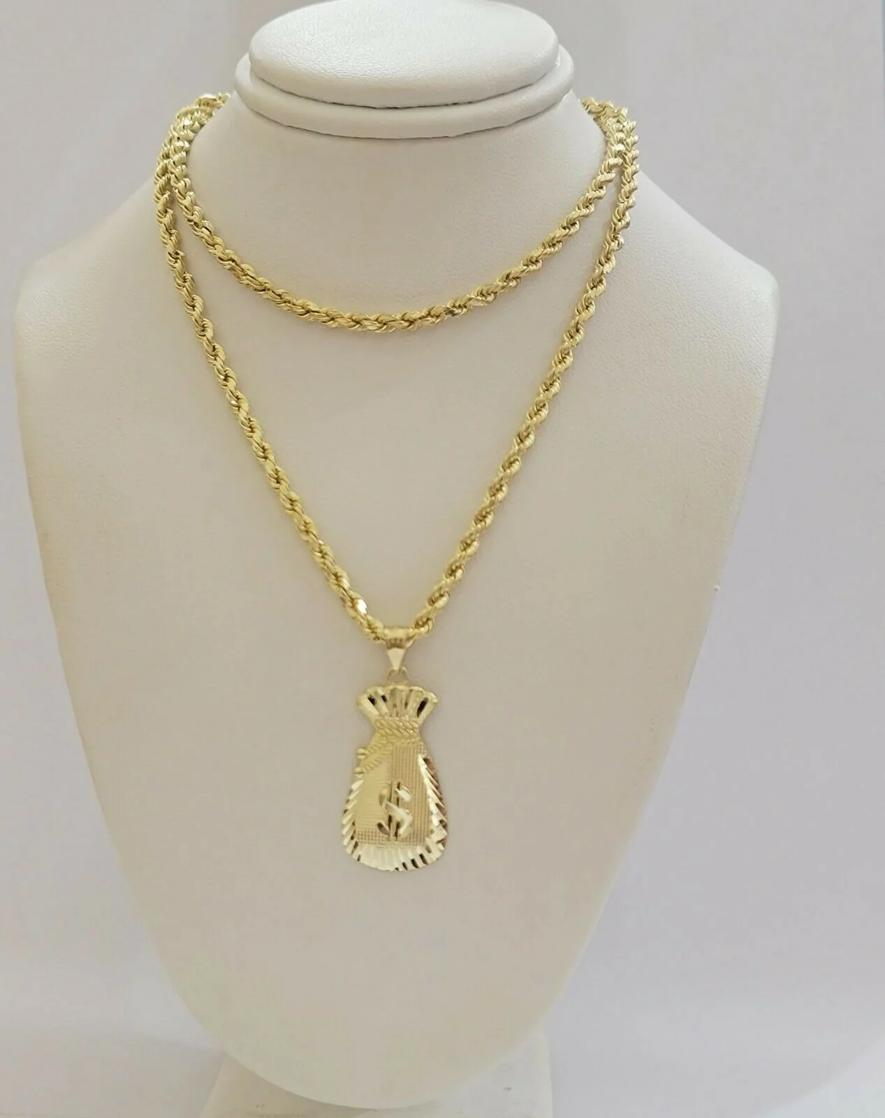 REAL 10k Gold Rope Chain Charm Pendant SET 3mm Necklace 18-28" Money Dollar Bag - Image 2